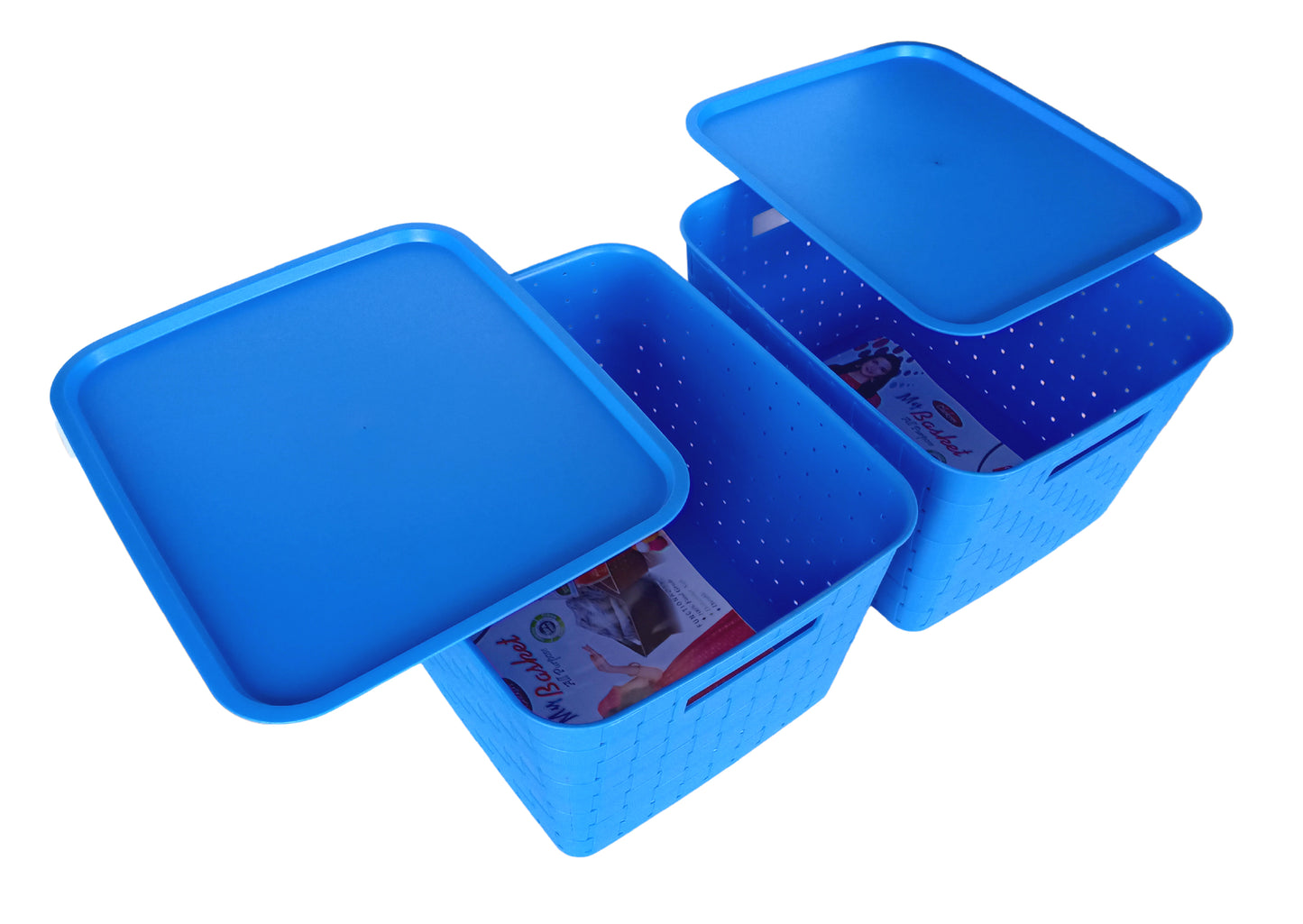 Plastic Checkered Extra Large Storage Baskets Ocean Blue Colour Size 35 x 30 x 23 cm with lid