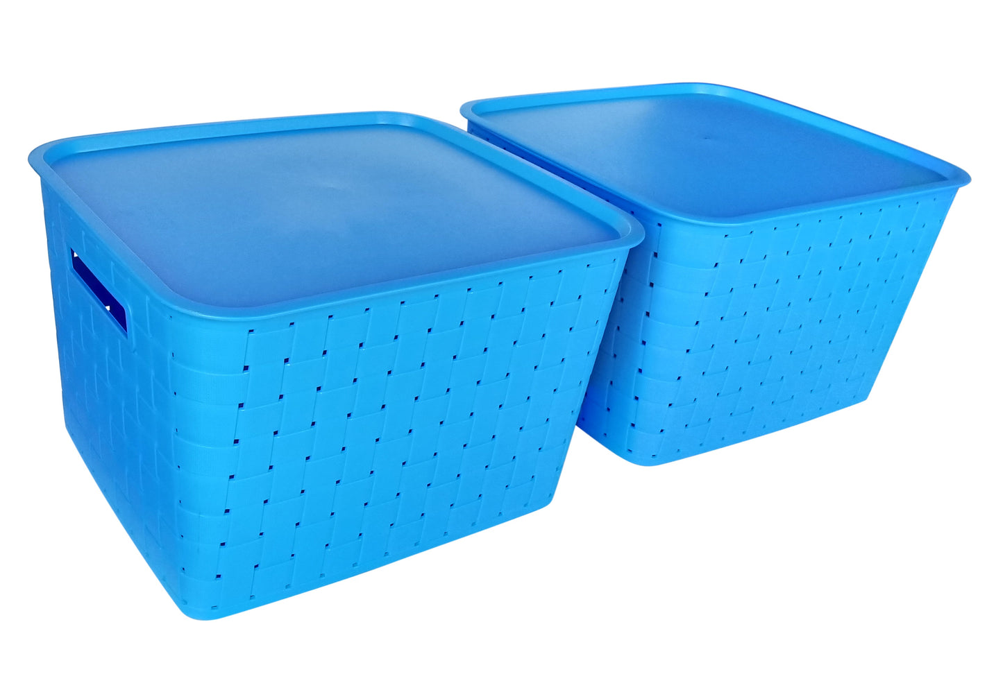 Plastic Checkered Extra Large Storage Baskets with lid Ocean Blue Colour side view set of 2