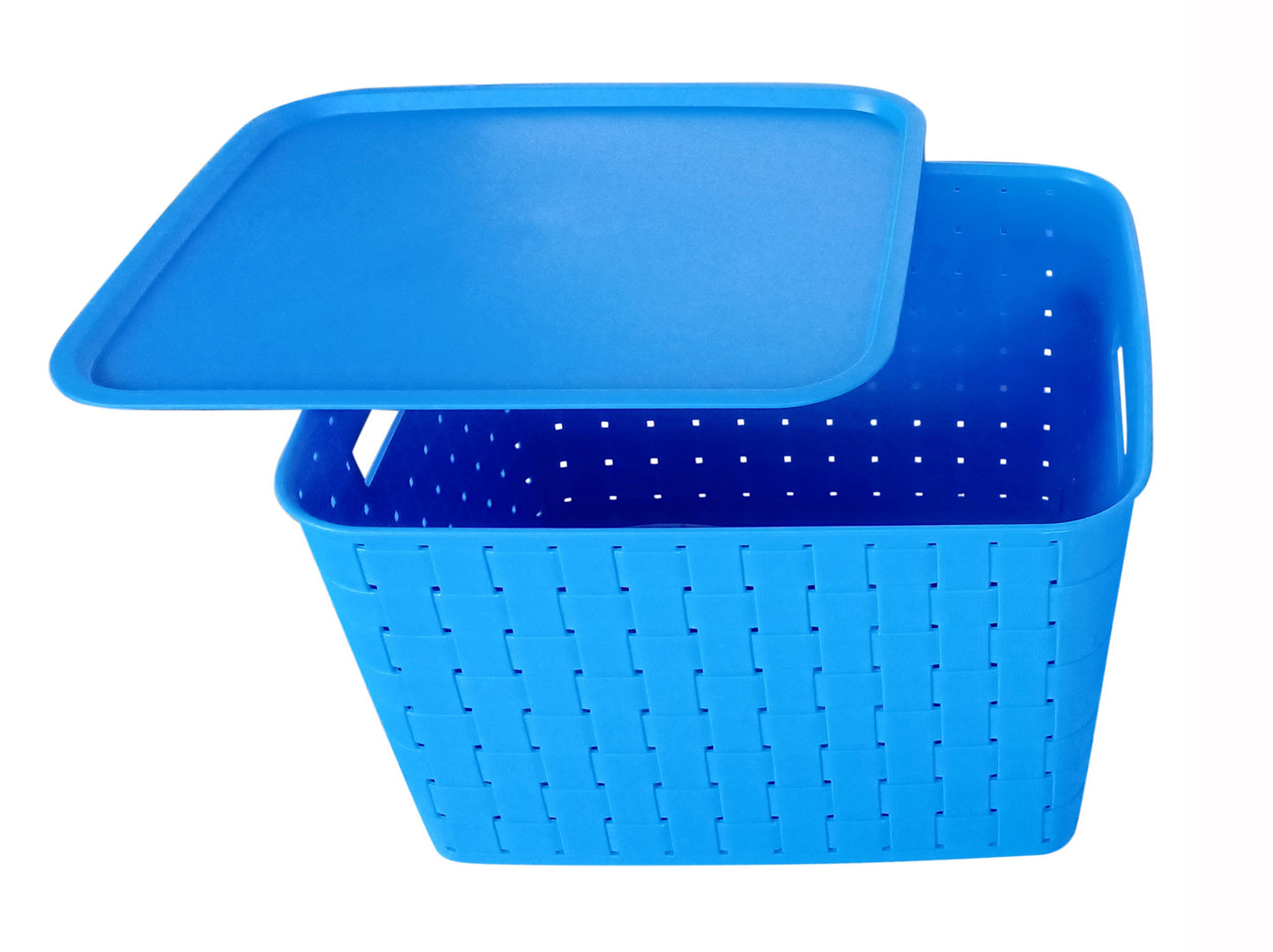 Plastic Checkered Extra Large Storage Baskets with lid Ocean Blue Colour upper & front view