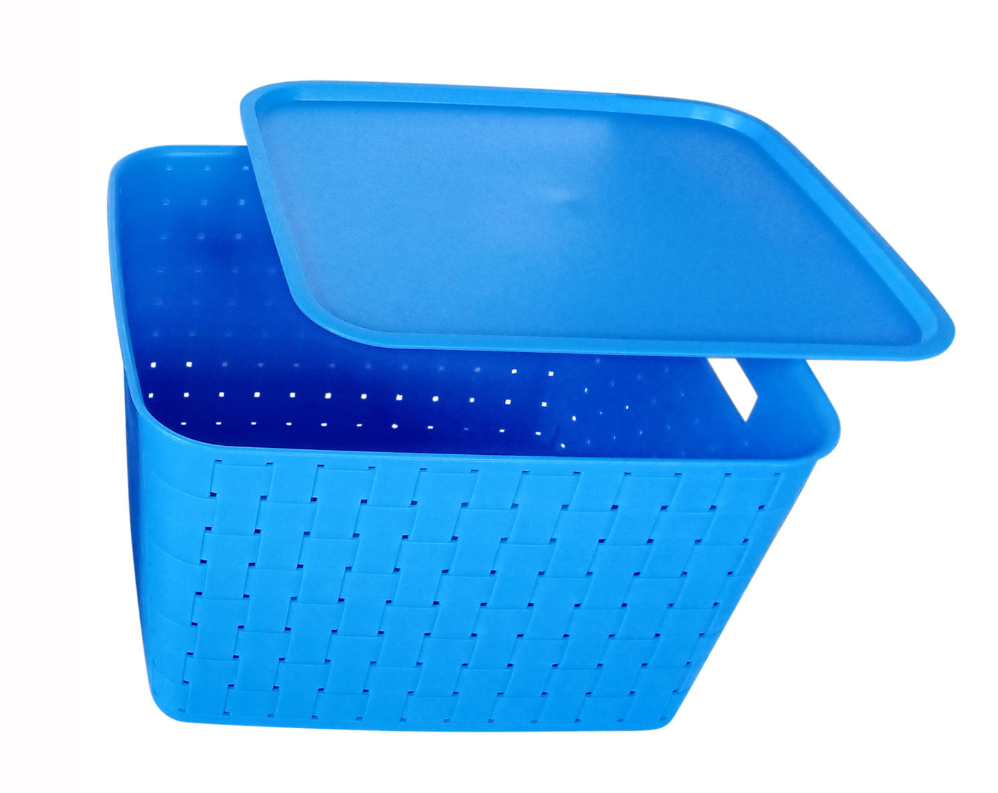 Plastic Checkered Extra Large Storage Baskets with lid Ocean Blue Colour upper & front view