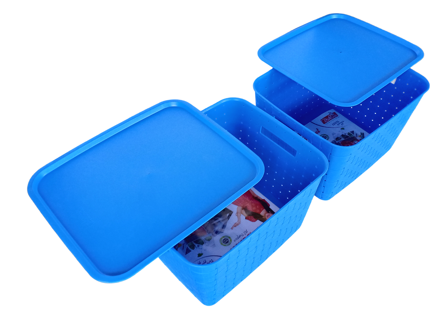 Plastic Checkered Extra Large Storage Baskets with lid Ocean Blue Colour upper view set of 2