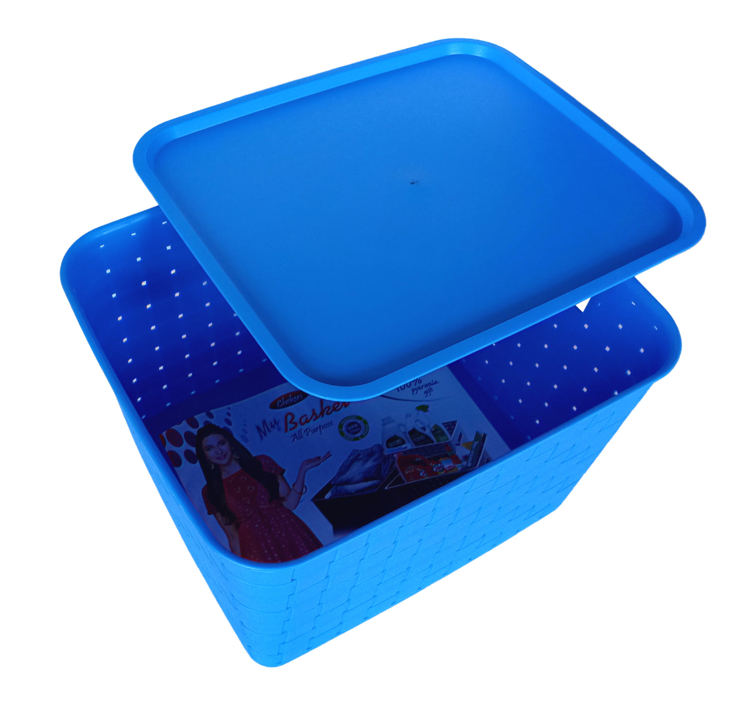 Plastic Checkered Extra Large Storage Baskets with lid Ocean Blue Colour upper view