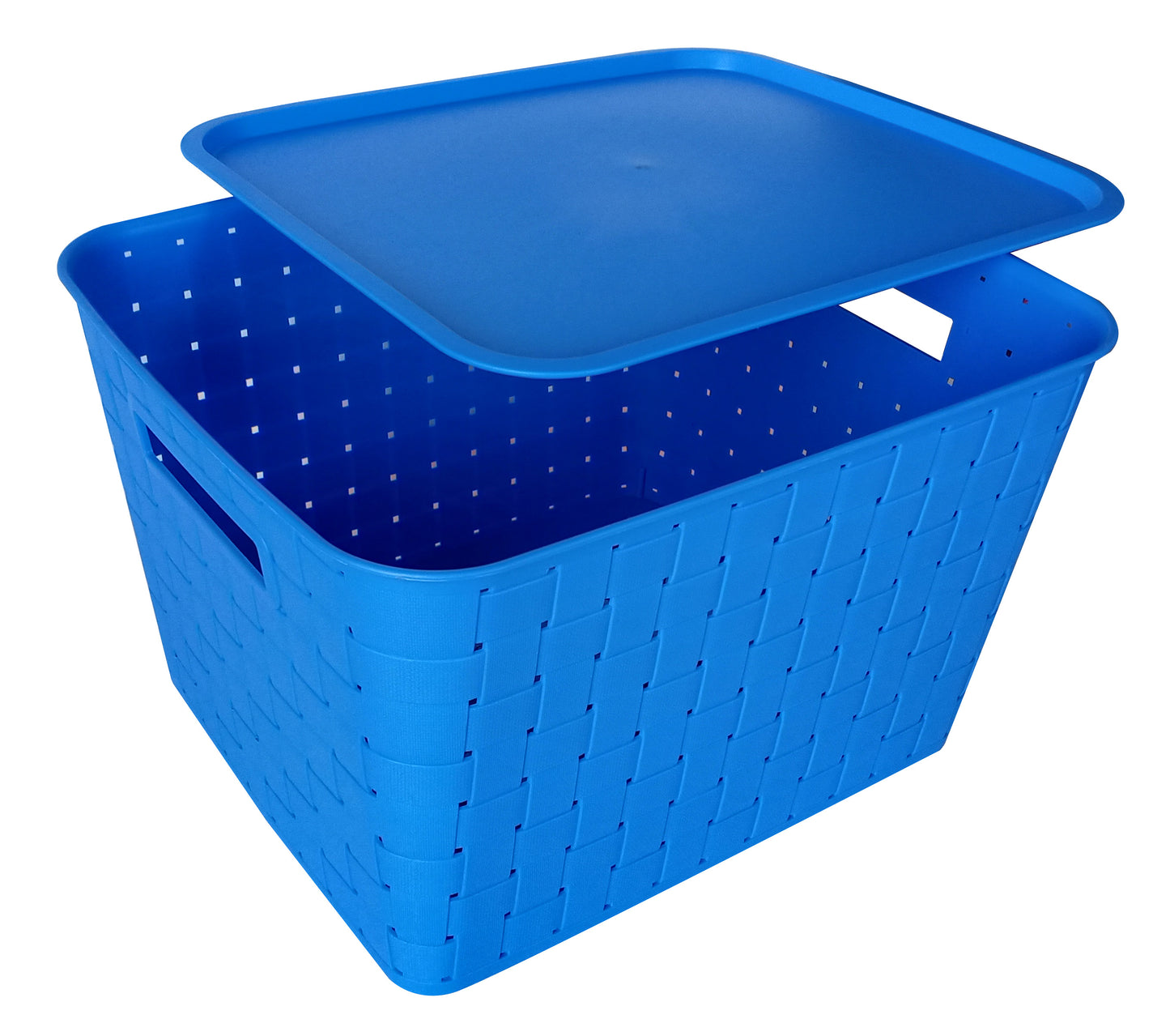Plastic Checkered Extra Large Storage Baskets with lid Ocean Blue Colour upper & side view