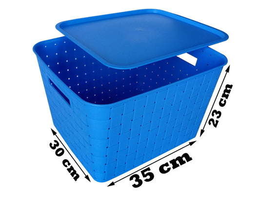 Plastic Checkered Extra Large Storage Baskets with lid Ocean Blue Colour showing sizes