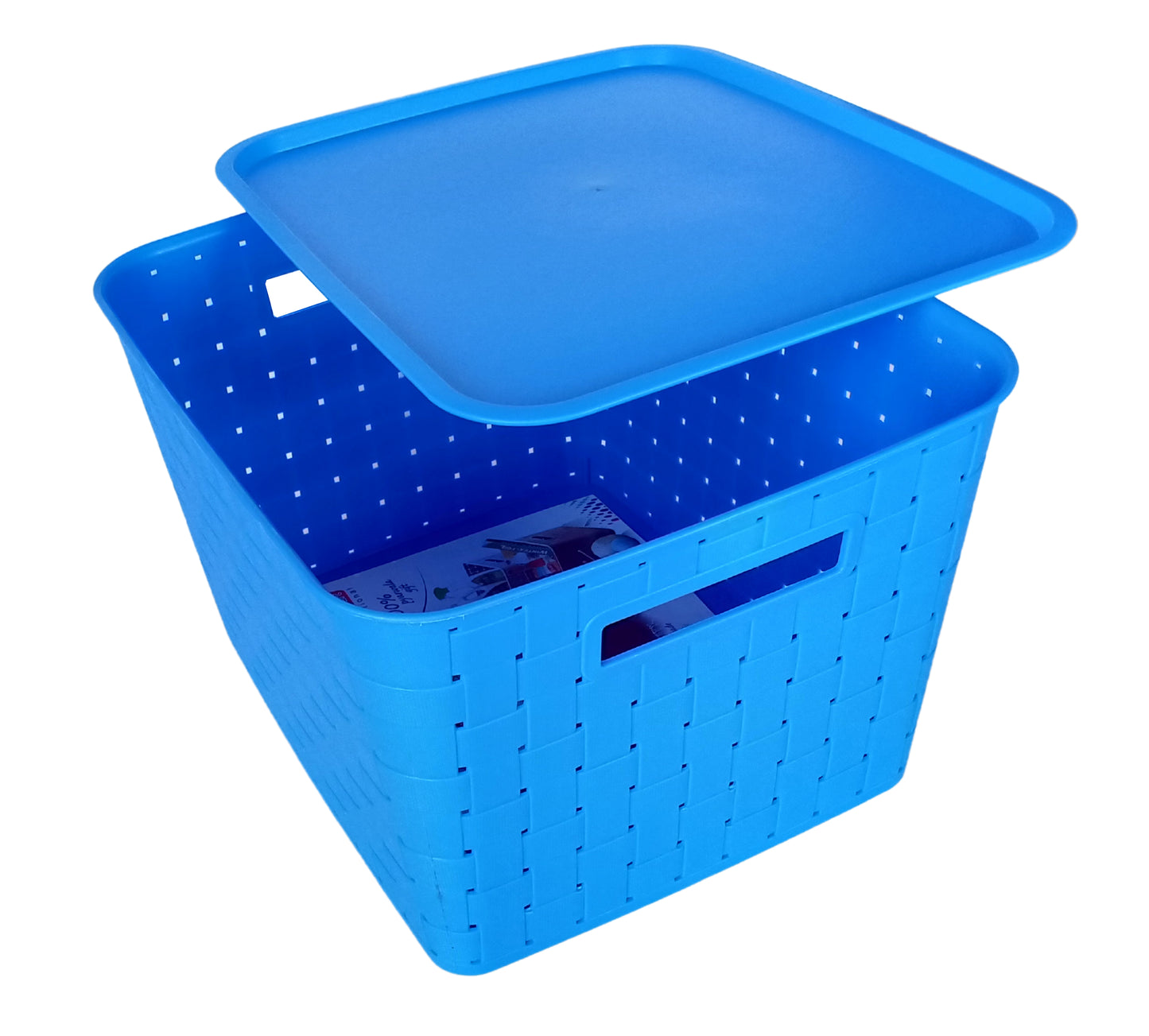 Plastic Checkered Extra Large Storage Baskets with lid Ocean Blue Colour upper & side view