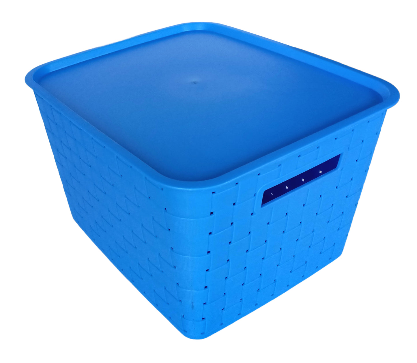 Plastic Checkered Extra Large Storage Baskets with lid Ocean Blue Colour upper & side view
