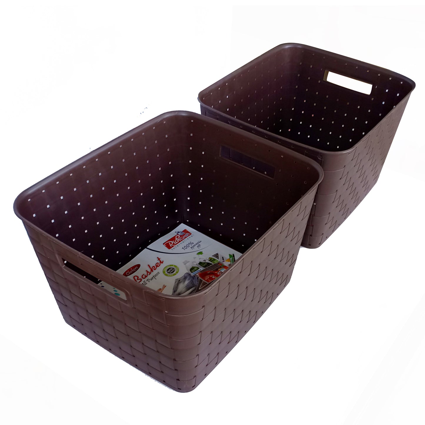 Plastic Checkered Extra Large Storage Baskets without lid Media Chocolate Brown Colour side & upper view set of 2