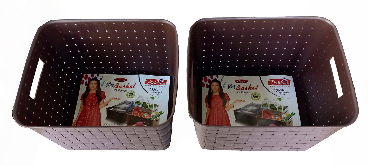 Plastic Checkered Extra Large Storage Baskets without lid Media Chocolate Brown Colour upper view
