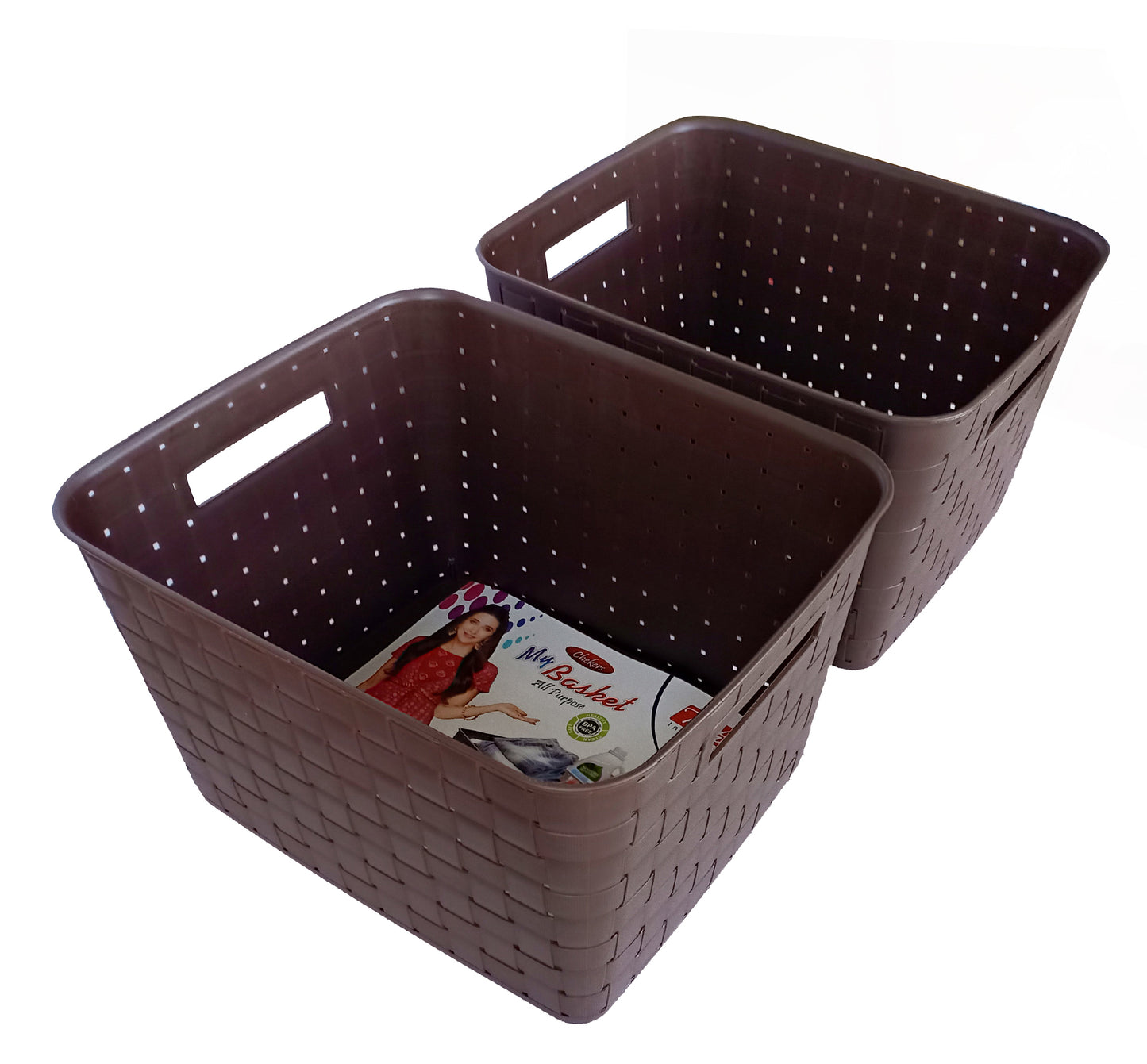 Plastic Checkered Extra Large Storage Baskets without lid Media Chocolate Brown Colour side & upper view set of 2
