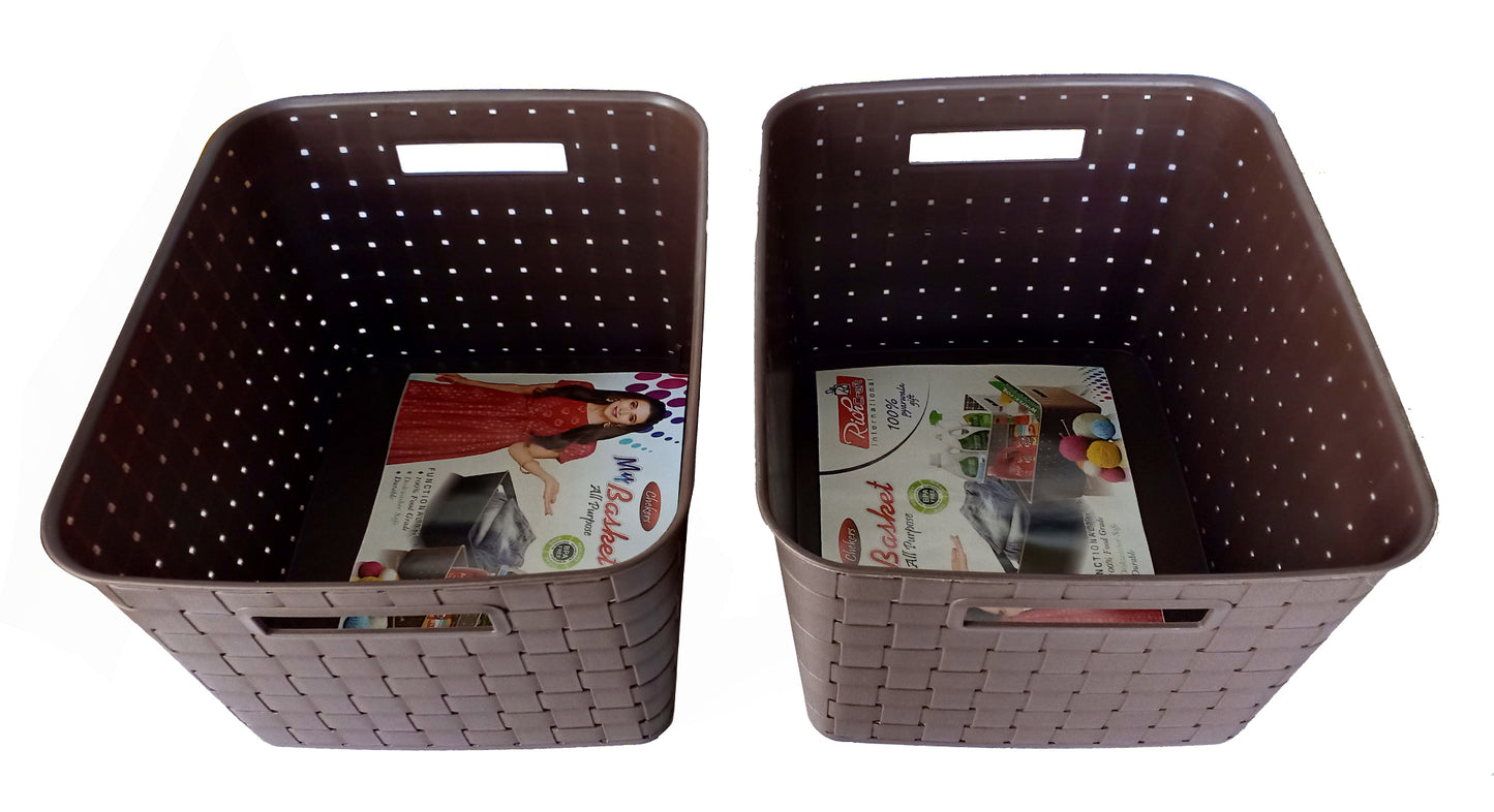 Plastic Checkered Extra Large Storage Baskets without lid Media Chocolate Brown Colour side & upper view set of 2