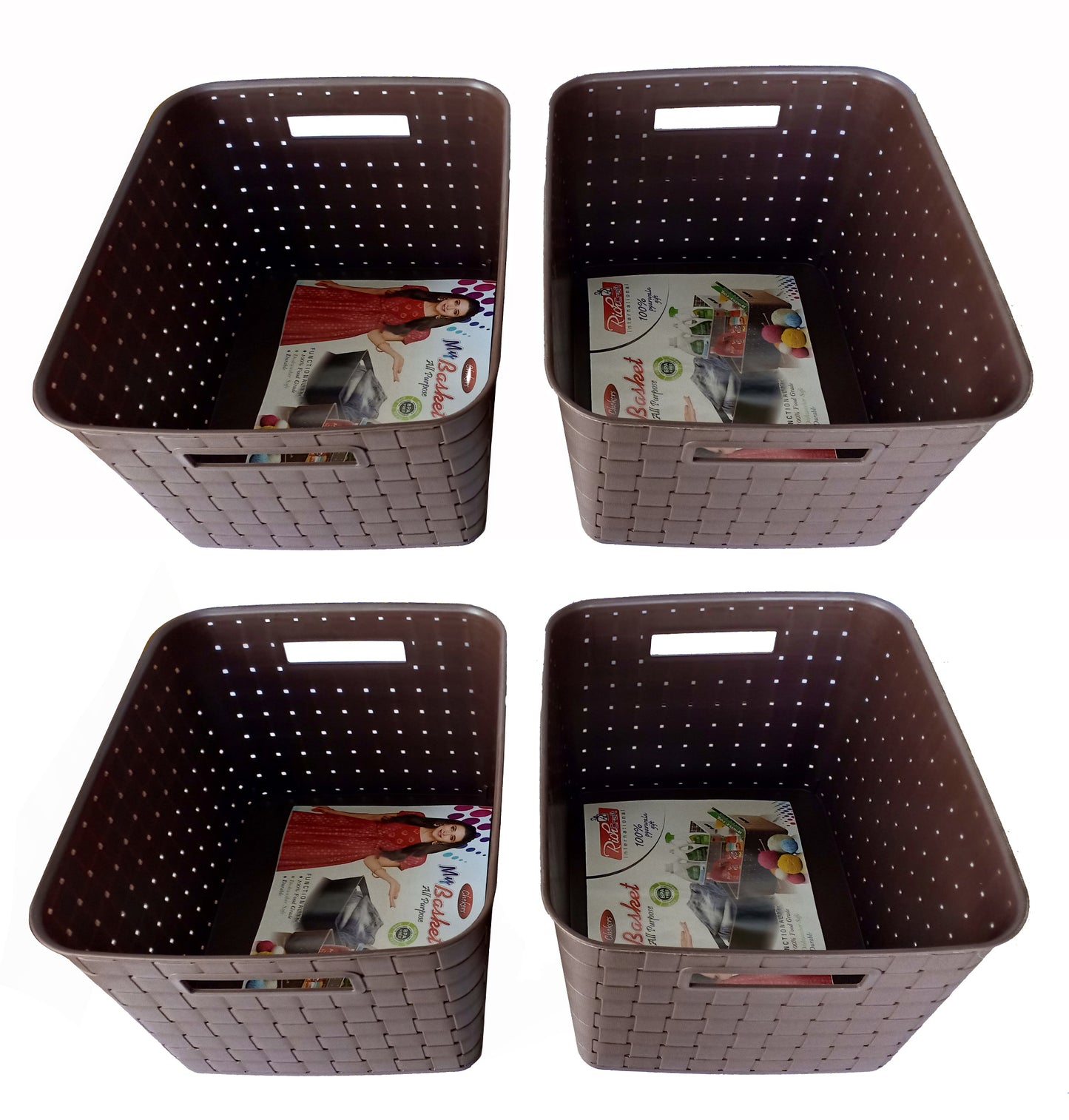 Plastic Checkered Extra Large Storage Baskets without lid Media Chocolate Brown Colour side & upper view set of 4