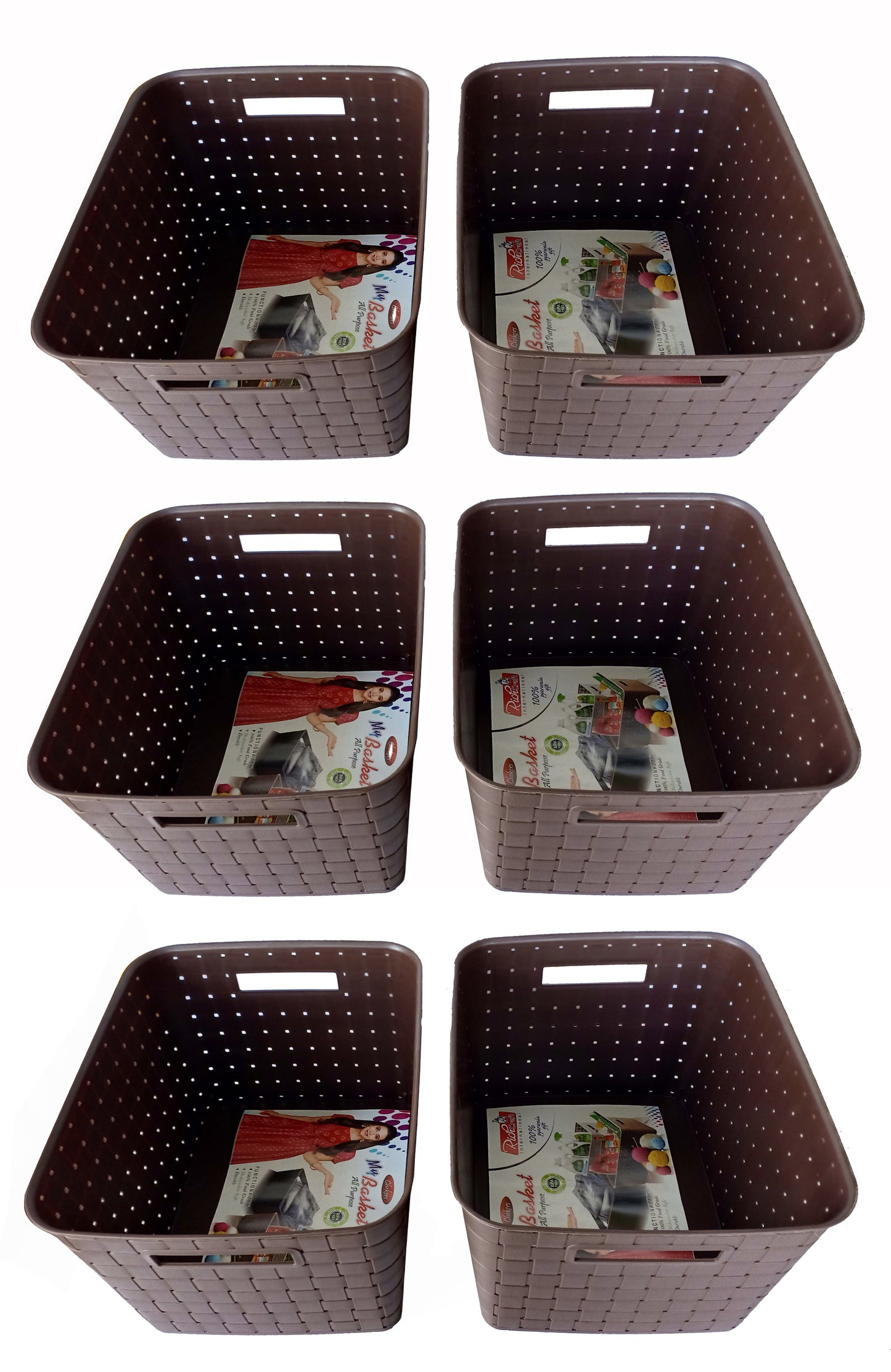 Plastic Checkered Extra Large Storage Baskets without lid Media Chocolate Brown Colour side & upper view set of 6