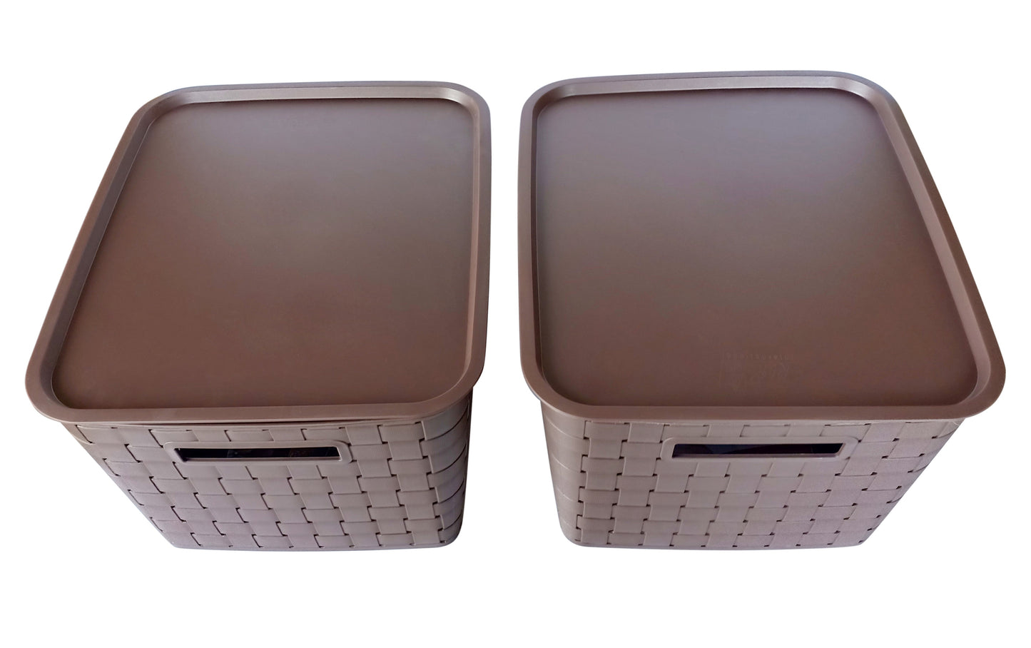 Plastic Checkered Extra Large Storage Baskets with lid Chocolate Brown side & upper view set of 2