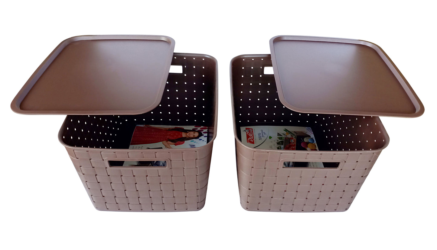 Plastic Checkered Extra Large Storage Baskets with lid Chocolate Brown side & upper view set of 2