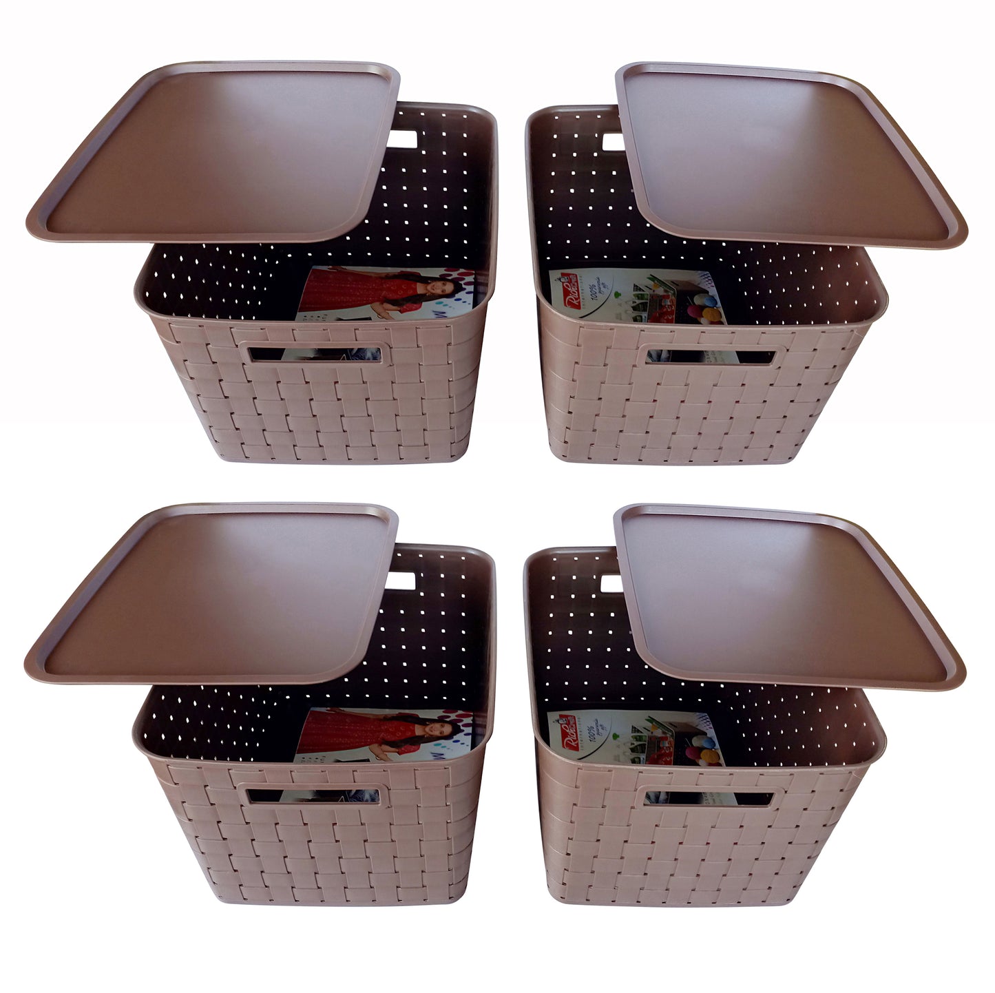 Plastic Checkered Extra Large Storage Baskets Chocolate Brown Colour Size 35 x 30 x 23 cm with lid