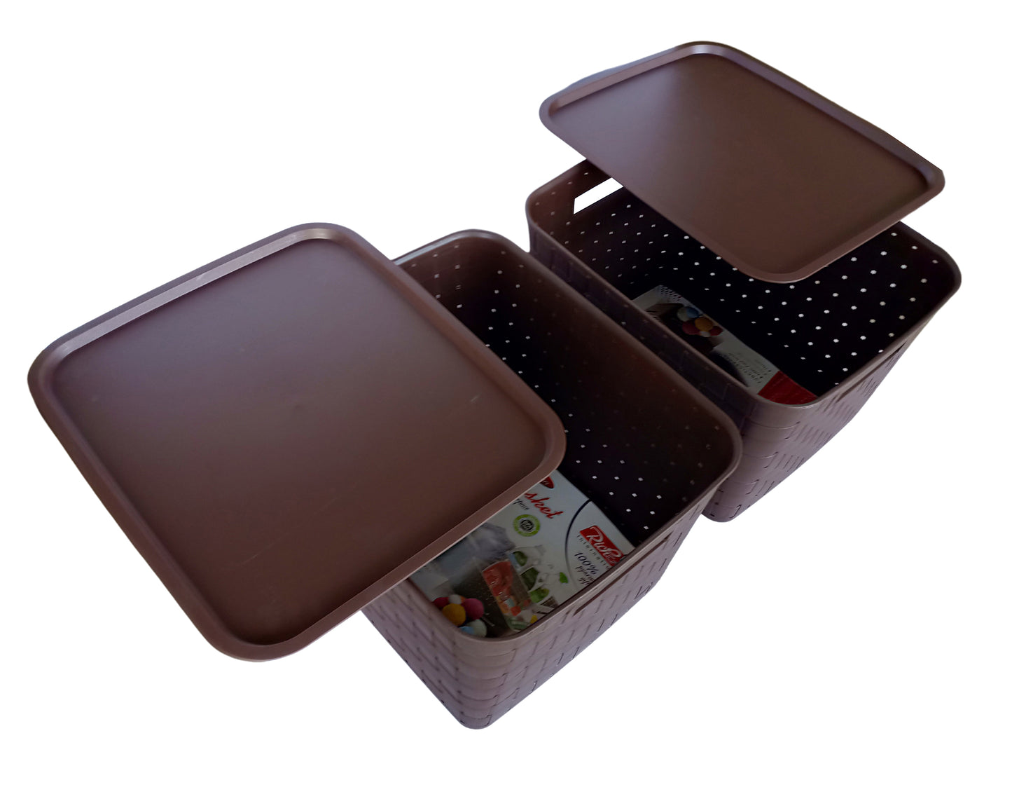 Plastic Checkered Extra Large Storage Baskets with lid Chocolate Brown upper view set of 2