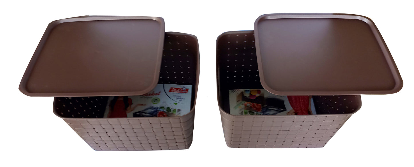 Plastic Checkered Extra Large Storage Baskets with lid Chocolate Brown front & upper view set of 2