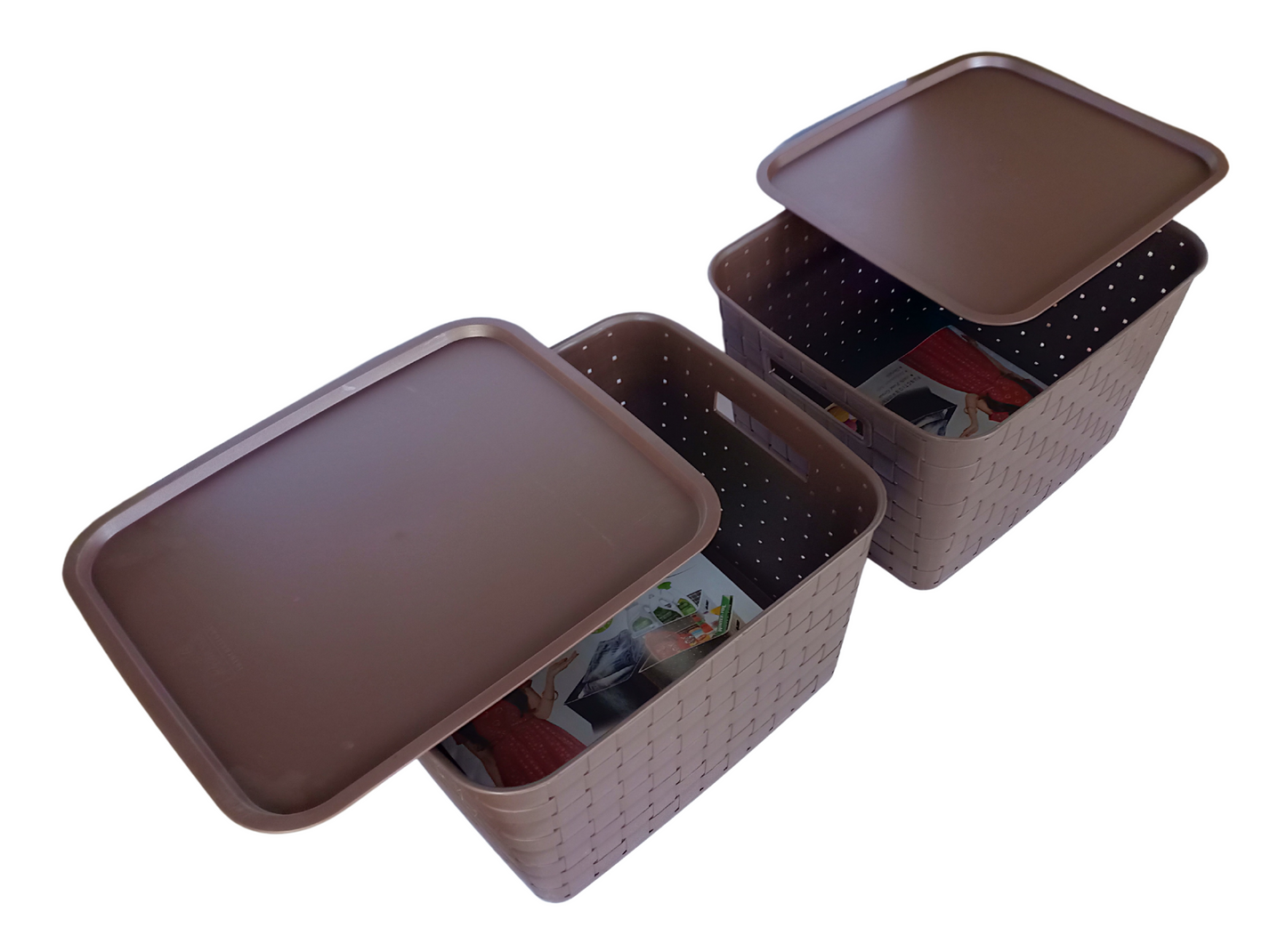 Plastic Checkered Extra Large Storage Baskets with lid Chocolate Brown front & upper view set of 2