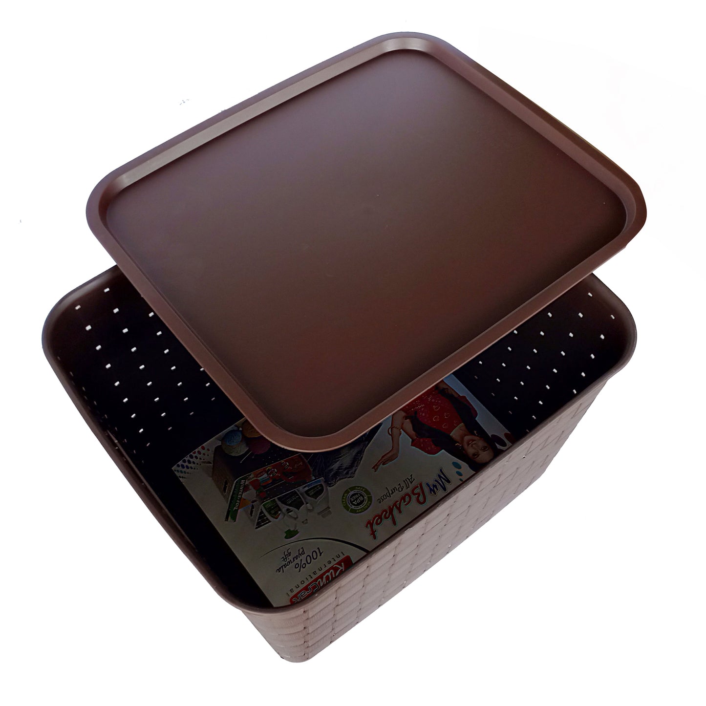 Plastic Checkered Extra Large Storage Baskets with lid Chocolate Brown upper view