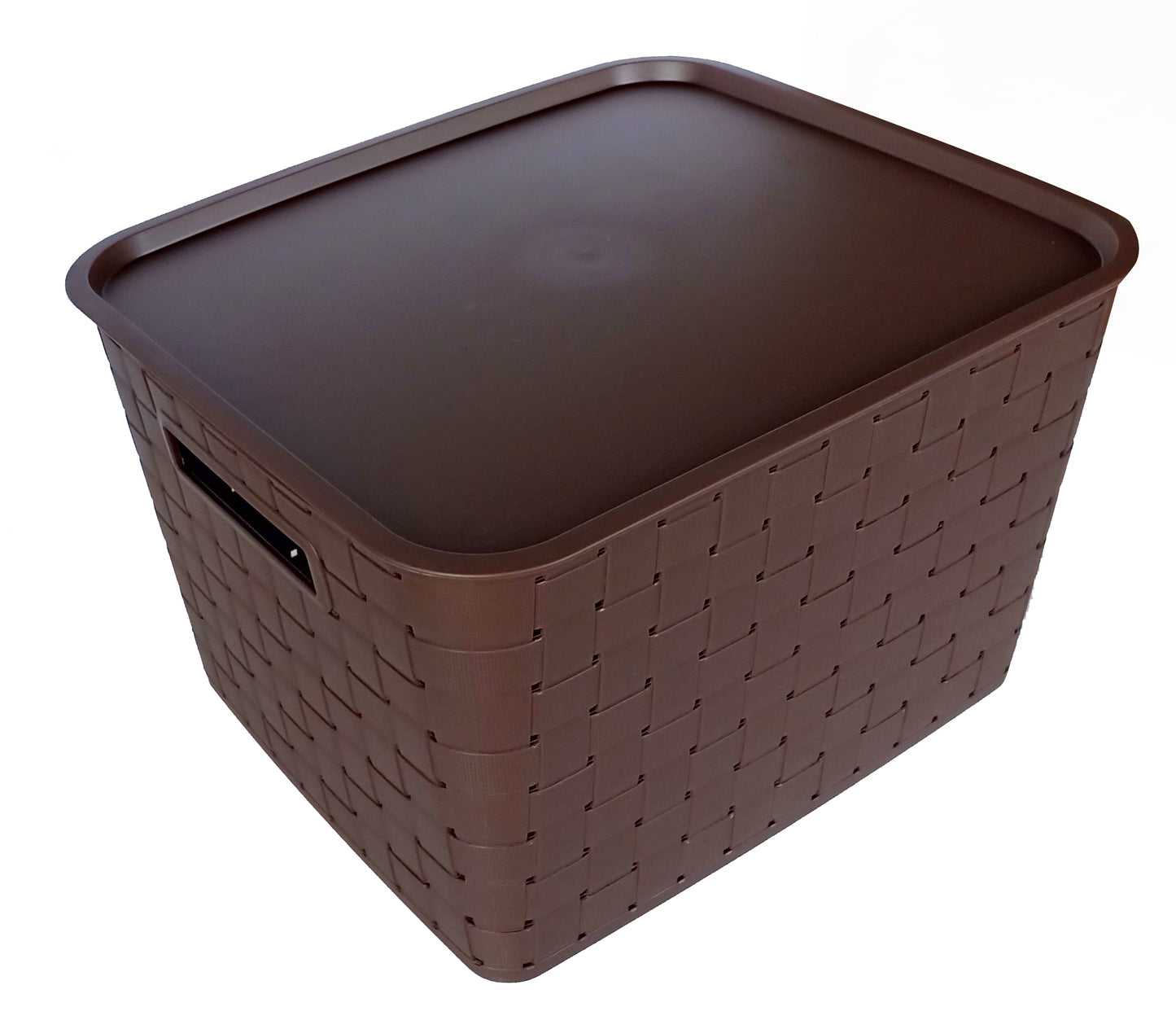 Plastic Checkered Extra Large Storage Baskets with lid Chocolate Brown front & upper view