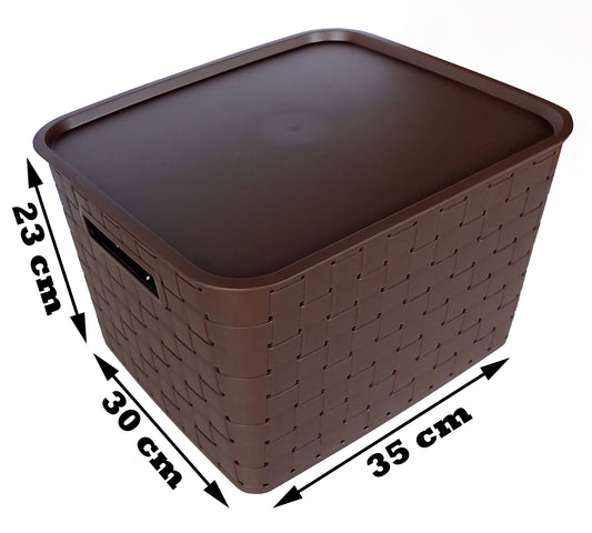 Plastic Checkered Extra Large Storage Baskets with lid Chocolate Brown showing basket size