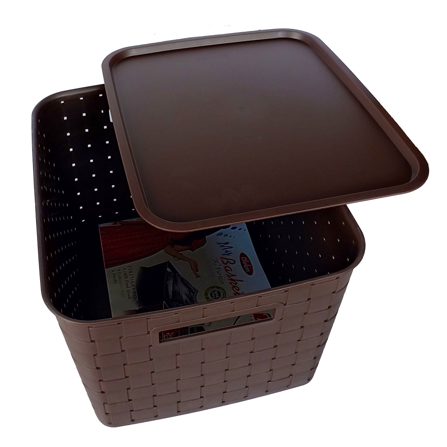 Plastic Checkered Extra Large Storage Baskets with lid Chocolate Brown side & upper view
