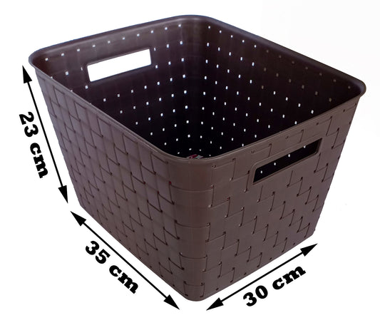 Plastic Checkered Extra Large Storage Baskets without lid Media Chocolate Brown Colour showing basket size