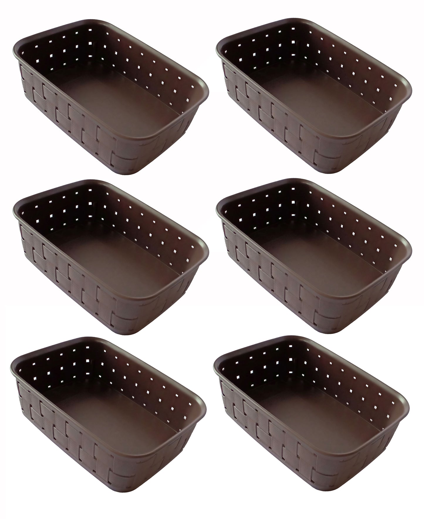 Plastic Checkered Small Storage Basket without lid Chocolate Brown front & upper view set of 6