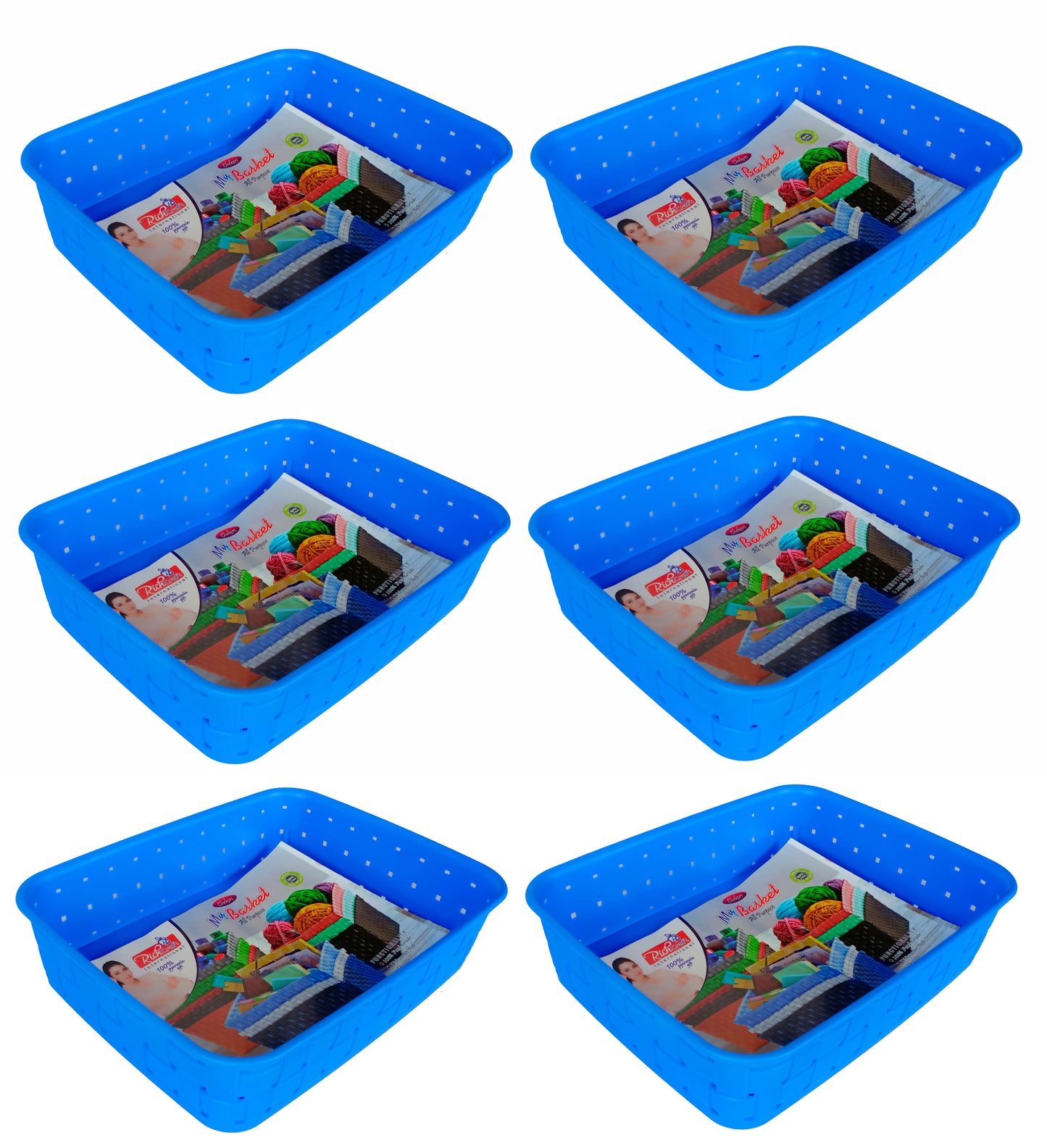 Plastic Checkered Small Storage Basket without lid Ocean Blue Colour side & upper view set of 6