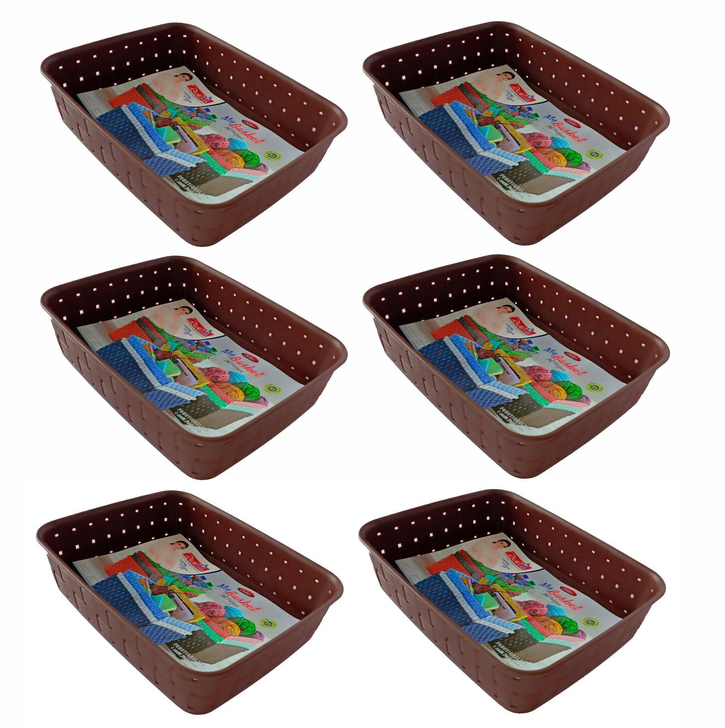 Plastic Checkered Small Storage Basket without lid Chocolate Brown side & upper view set of 6