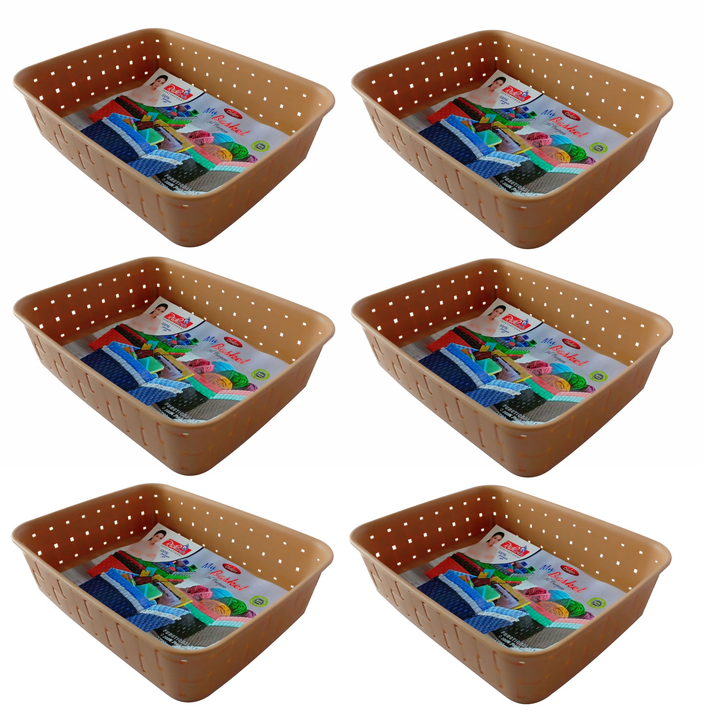Plastic Checkered Small Storage Basket without lid Beige Colour side & upper view set of 6