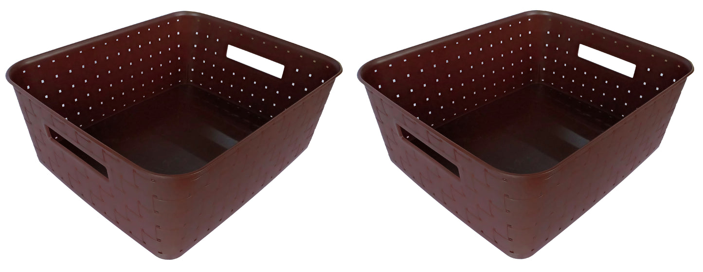 Plastic Checkered Large Storage Baskets without lid Chocolate Brown Colour side & upper view set of 2