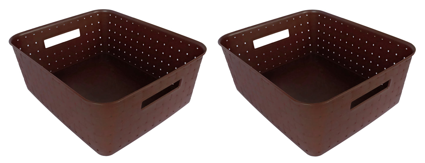 Plastic Checkered Large Storage Baskets without lid Chocolate Brown Colour side & upper view set of 2