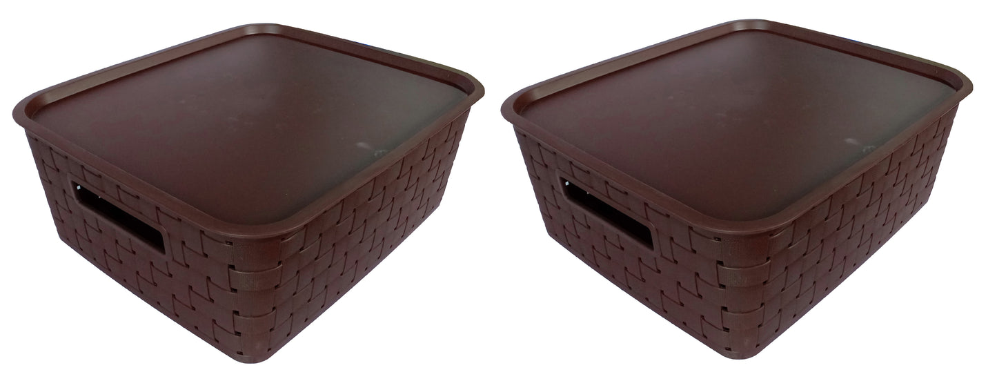 Plastic Checkered Large Storage Baskets Chocolate Brown Colour Size 35 x 30 x 13 cm with lid