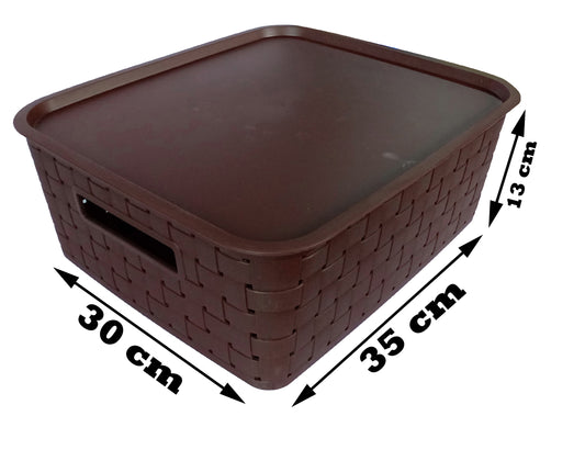 Plastic Checkered Large Storage Baskets with lid Chocolate Brown showing sizes