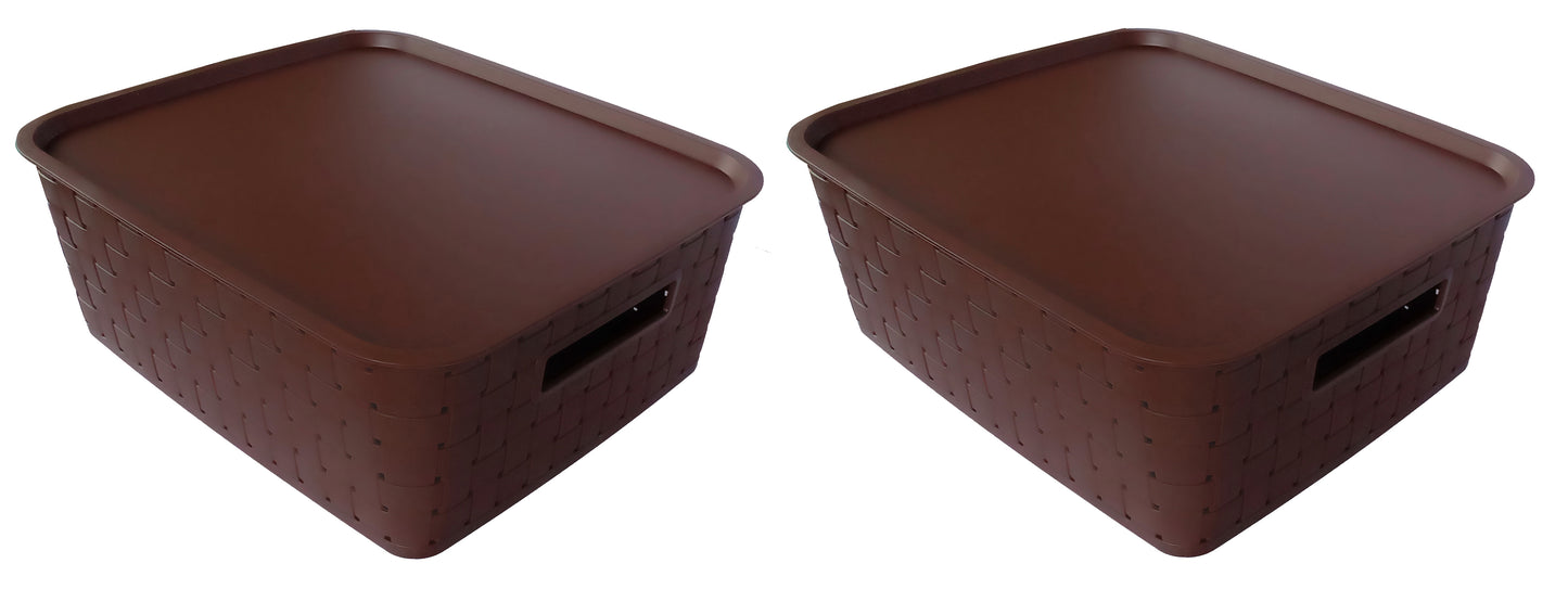Plastic Checkered Large Storage Baskets Chocolate Brown Colour Size 35 x 30 x 13 cm with lid
