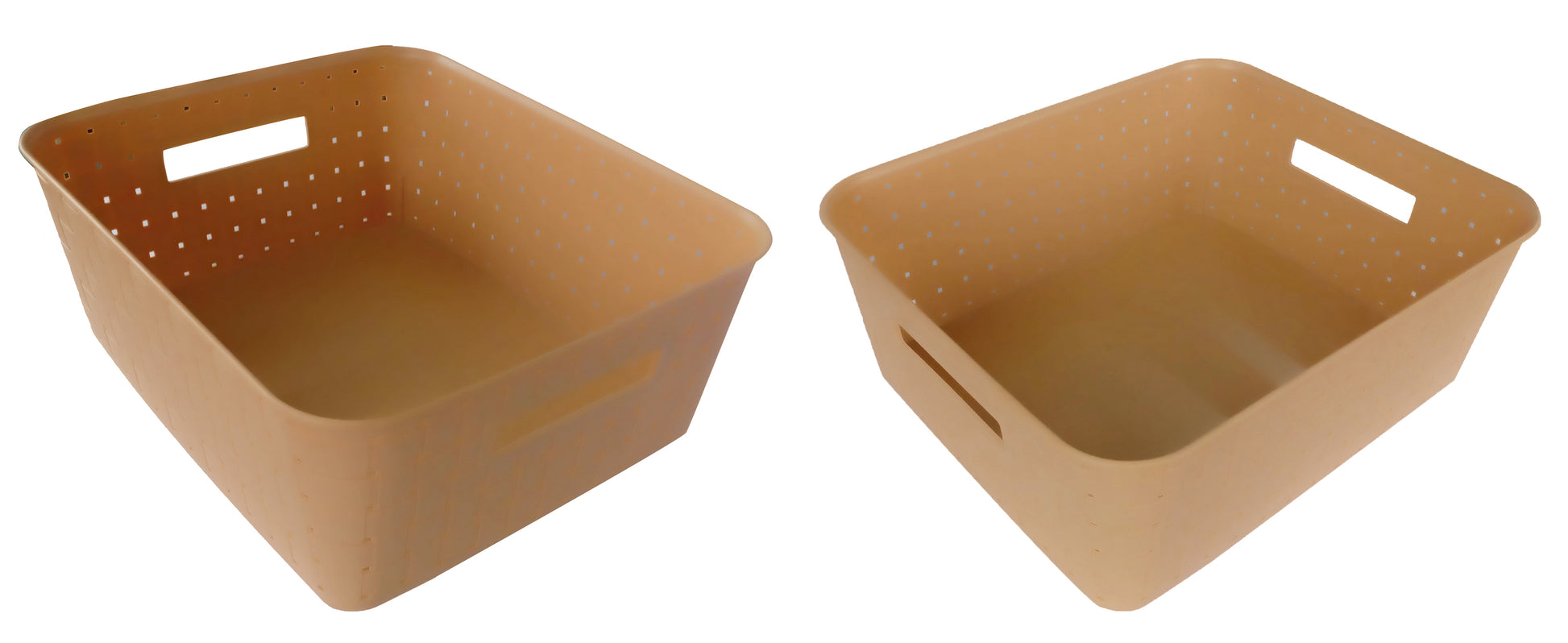 Plastic Checkered Large Storage Basket without lid Beige Colour side & upper view set of 2