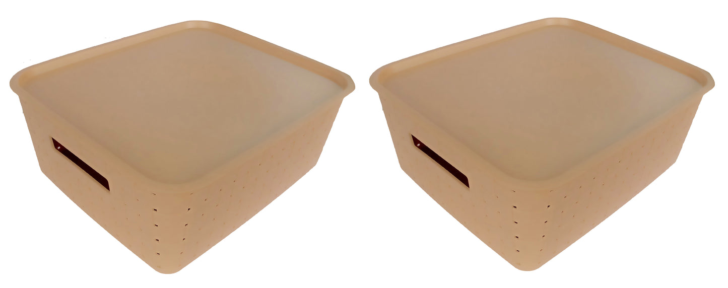 Plastic Checkered Large Storage Basket with lid Beige Colour front & upper view set of 2