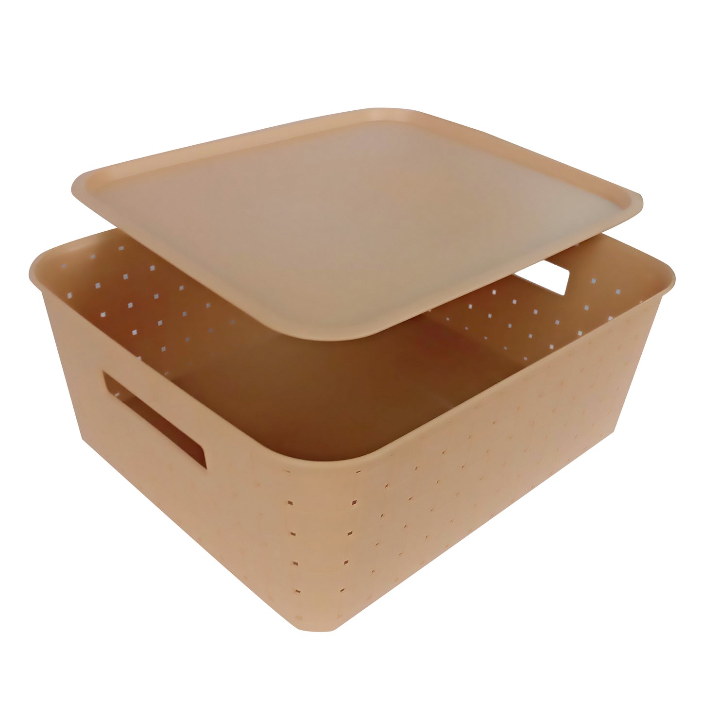 Plastic Checkered Large Storage Basket with lid Beige Colour side & upper view