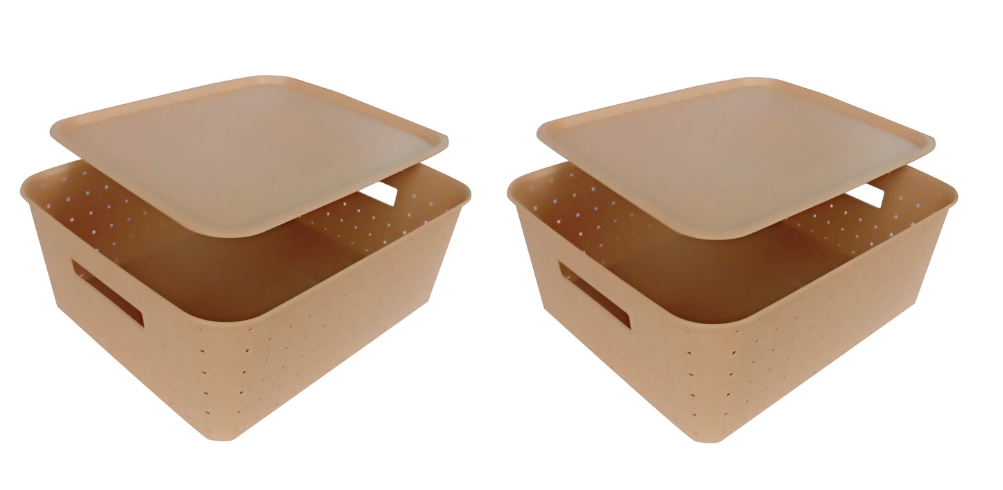 Plastic Checkered Large Storage Baskets Beige Colour Size 35 x 30 x 13 cm with lid