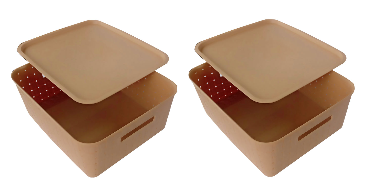 Plastic Checkered Large Storage Baskets Beige Colour Size 35 x 30 x 13 cm with lid