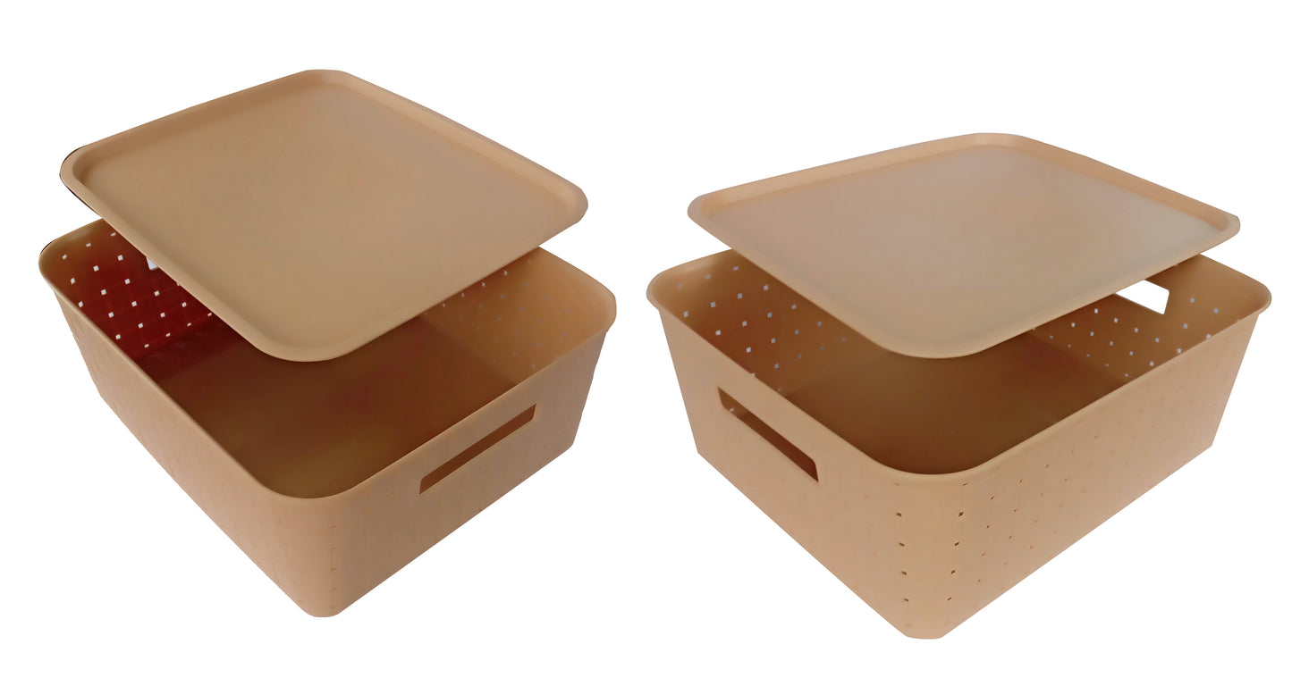 Plastic Checkered Large Storage Basket with lid Beige Colour side & upper view set of 2