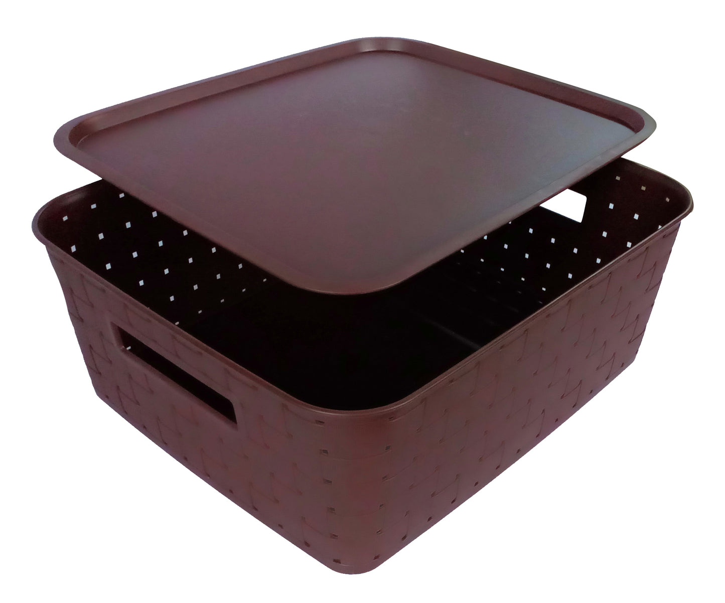 Plastic Checkered Large Storage Baskets with lid Chocolate Brown side & front view