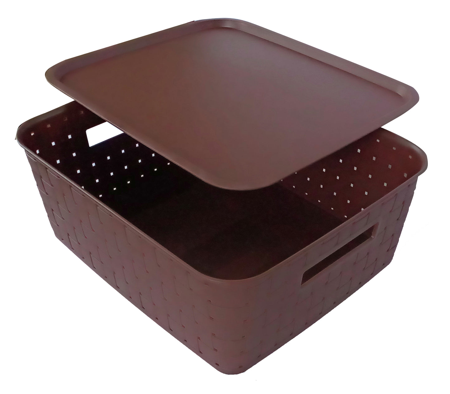 Plastic Checkered Large Storage Baskets lid view Chocolate Brown side & upper view