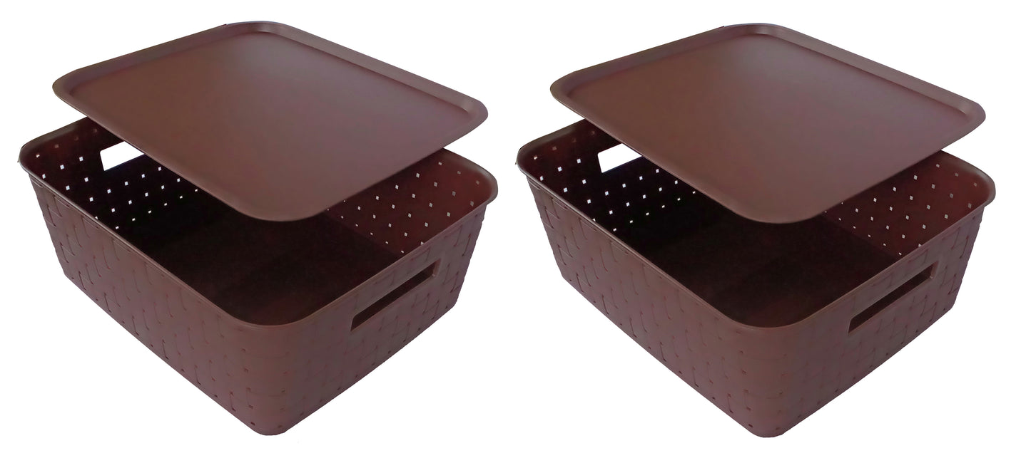 Plastic Checkered Large Storage Baskets with lid Chocolate Brown side & front view set of 2