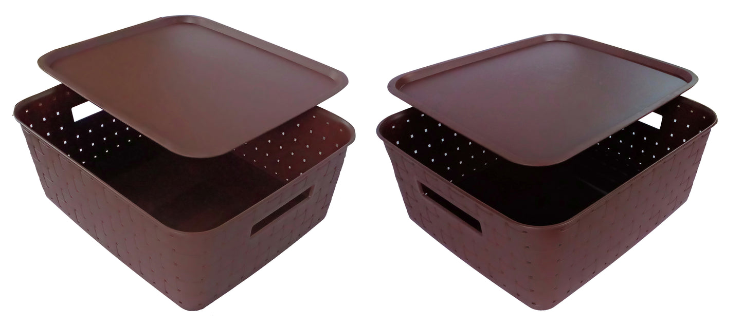Plastic Checkered Large Storage Baskets with lid Chocolate Brown side & front view set of 2
