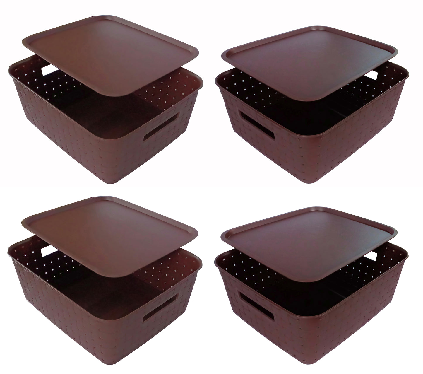 Plastic Checkered Large Storage Baskets with lid Chocolate Brown side & front view set of 4
