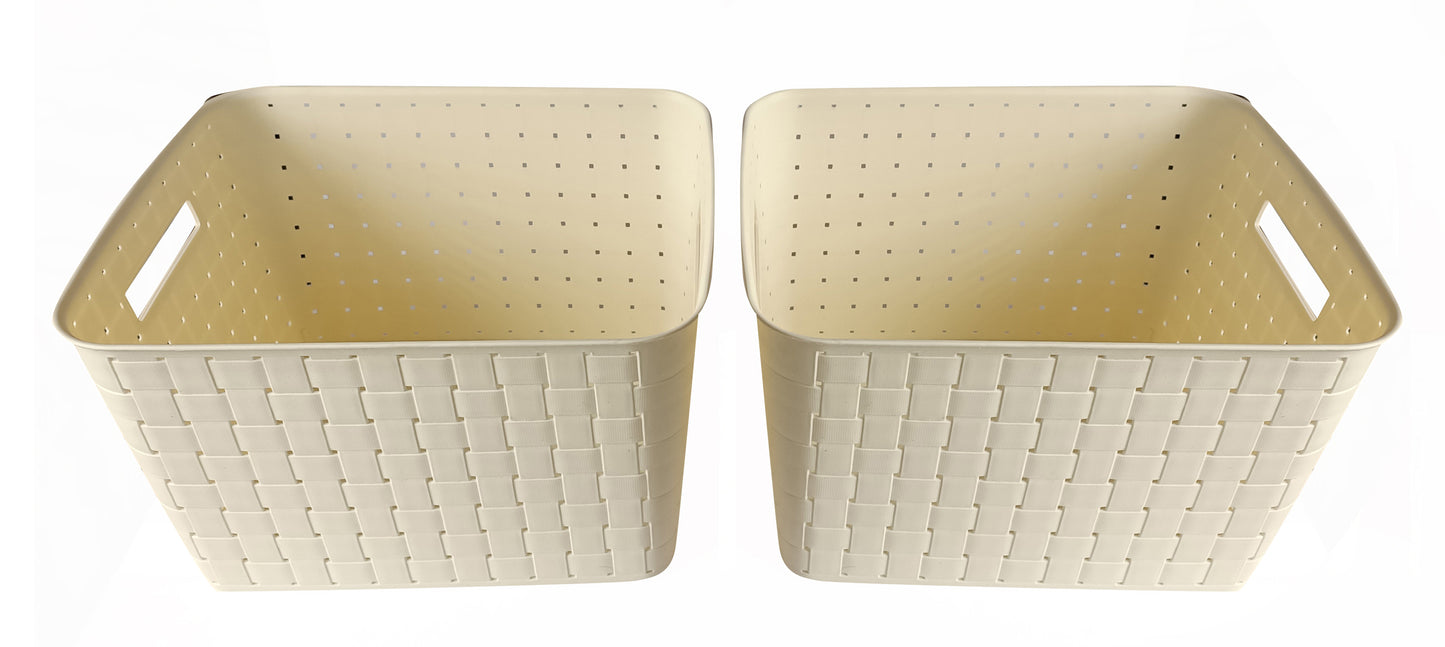 Plastic Extra Large Storage Baskets Pearl White Colour with front & upper view set of 2