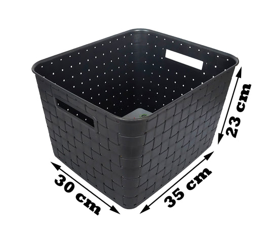 Plastic Extra Large Storage Baskets Charcoal Black Colour with front & side view with showing size