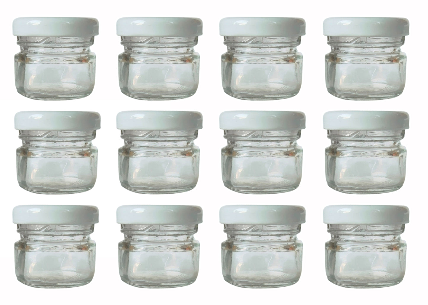 Glass Jars with white cap front view set of 12